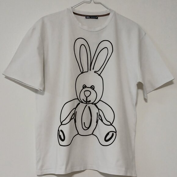 Zara White Cotton T-Shirt with Black Cord Embroidery Bunny Graphic Size - M - Picture 1 of 4